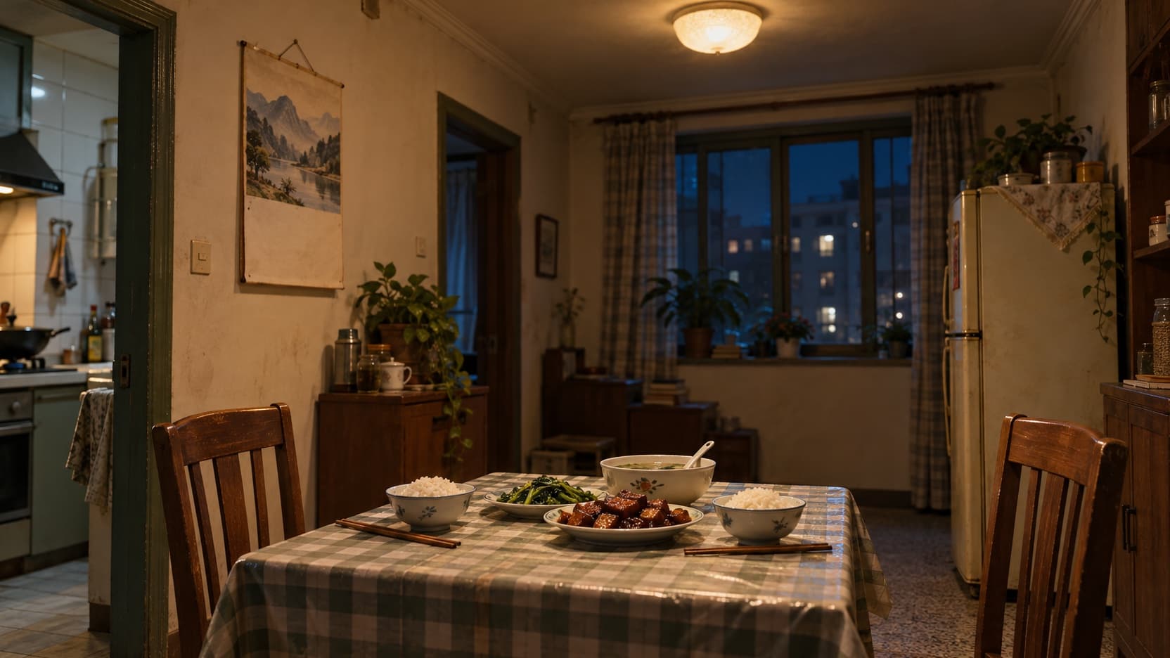 空镜 · 家里饭桌：晚饭时间，暖黄吸顶灯